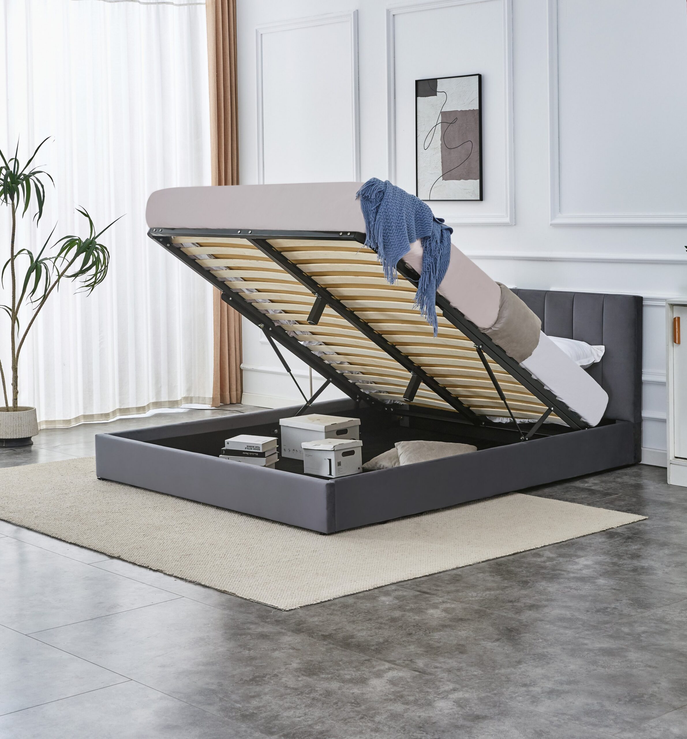 Cama estofada c/arrumação KATARINA - Cinzento, 160x200cm - Image 3